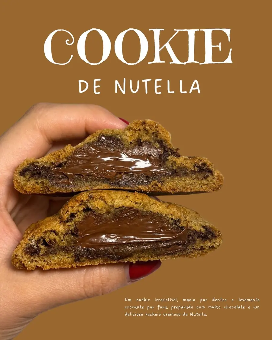 Cookie de Nutella da Joca Bakery partido ao meio, mostrando o recheio cremoso